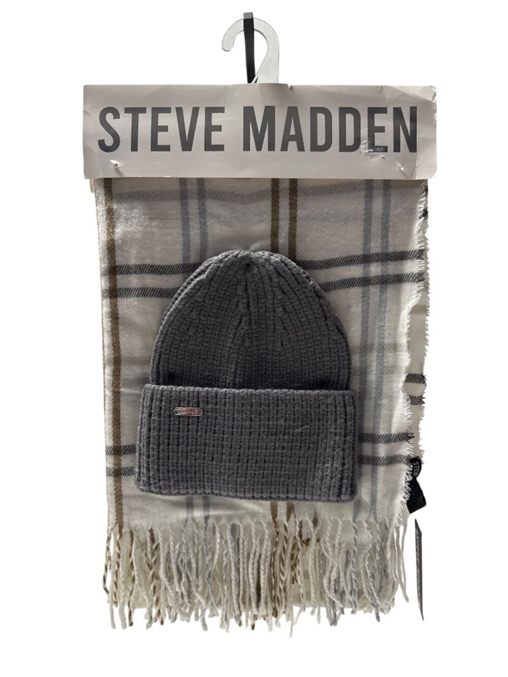 Steve Madden Womens Gray Ribbed Beanie & Plaid Scarf Set - One Size